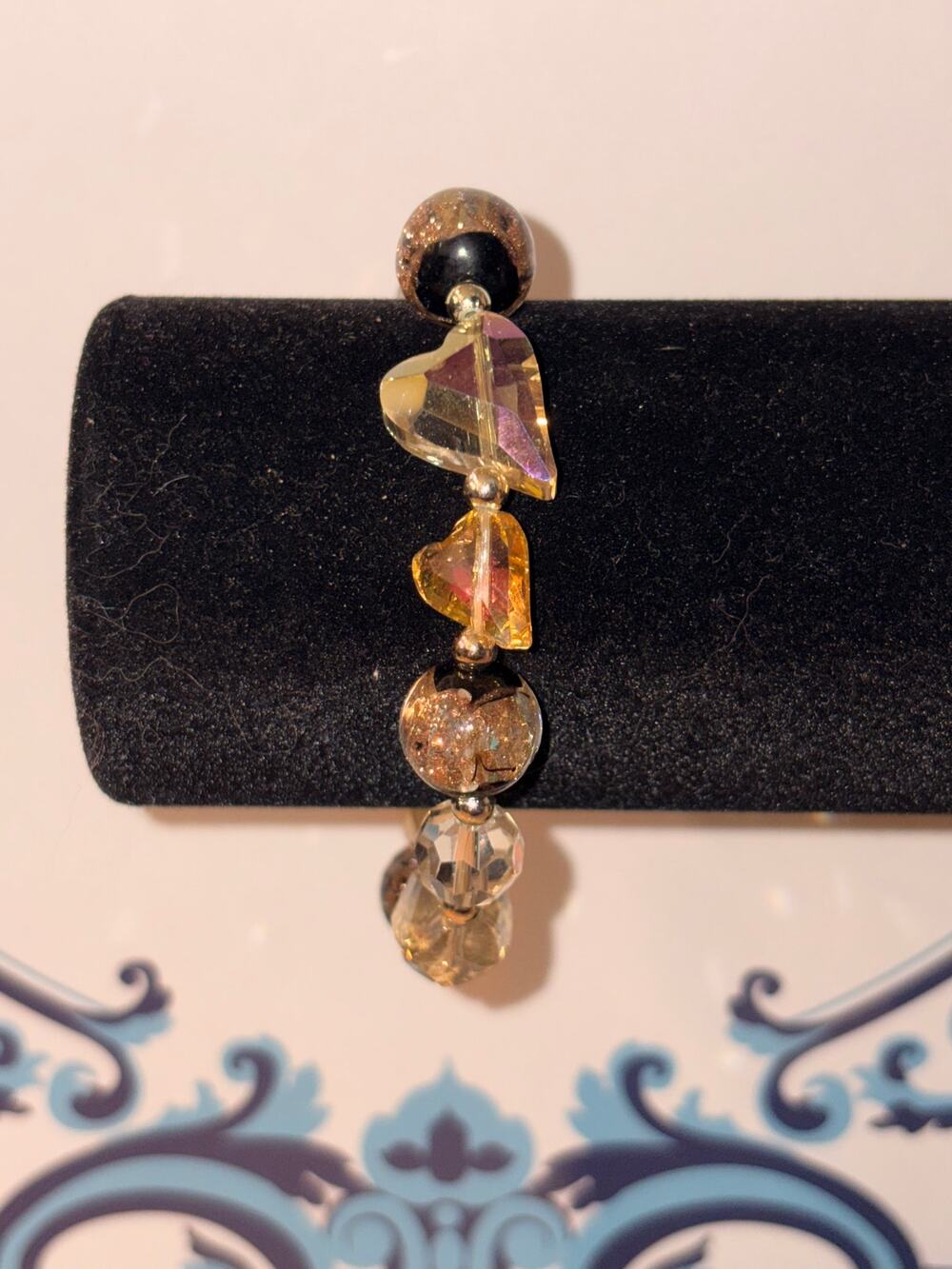Iridescent Golden Crystal Heart & Glitter Bead Stretch Bracelet Romantic Beaded